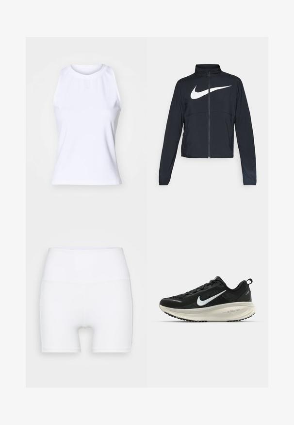 Sort fuld-zip sportsjakke med høj krave, lange ærmer og stort hvidt Nike swoosh-logo på brystet.; Hvid ærmeløs tanktop lavet af glat bomuldsblanding. Har en rund halsudskæring og diskret logo-broderi i midten foran.; Hvide højtaljede shorts lavet af strækstof. Har en glat tekstur og en tætsiddende design, uden yderligere mønstre eller hardware.; Sort Nike løbesko med åndbart mesh-overdel, hvidt swoosh-logo, tekstureret detaljering og en cremede ZoomX mellemsål.
