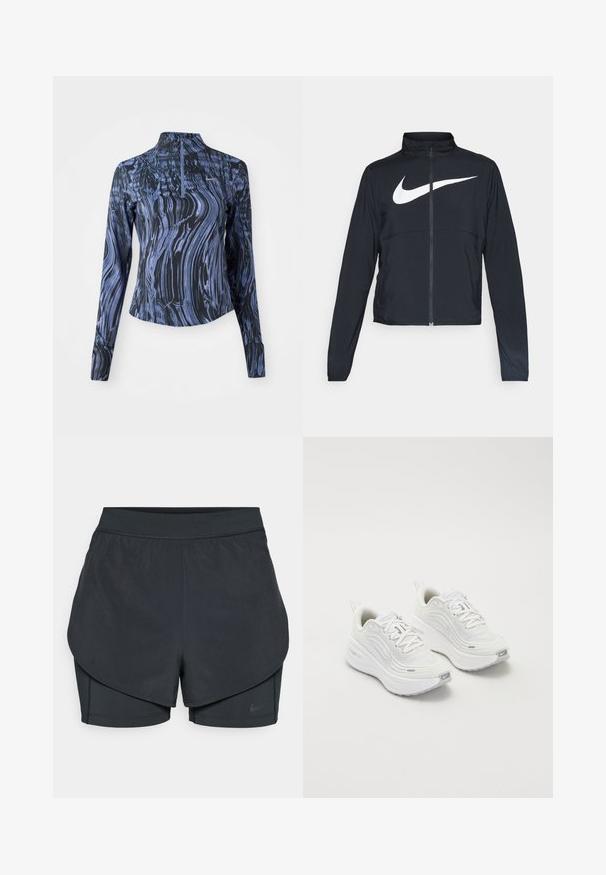 Black full-zip sports jacket with high collar, long sleeves, and large white Nike swoosh logo across the chest.; Long-sleeve athletic top in dark blue with purple marbled pattern, featuring a high collar and half-zip closure. Smooth, stretchy fabric.; Black athletic shorts with a layered design, featuring a smooth outer layer and fitted inner shorts. Made of lightweight, stretch fabric.; White athletic shoes with a textured mesh upper, cushioned sole, and subtle grey accents. Includes branding and looped heel tab for easy wear.