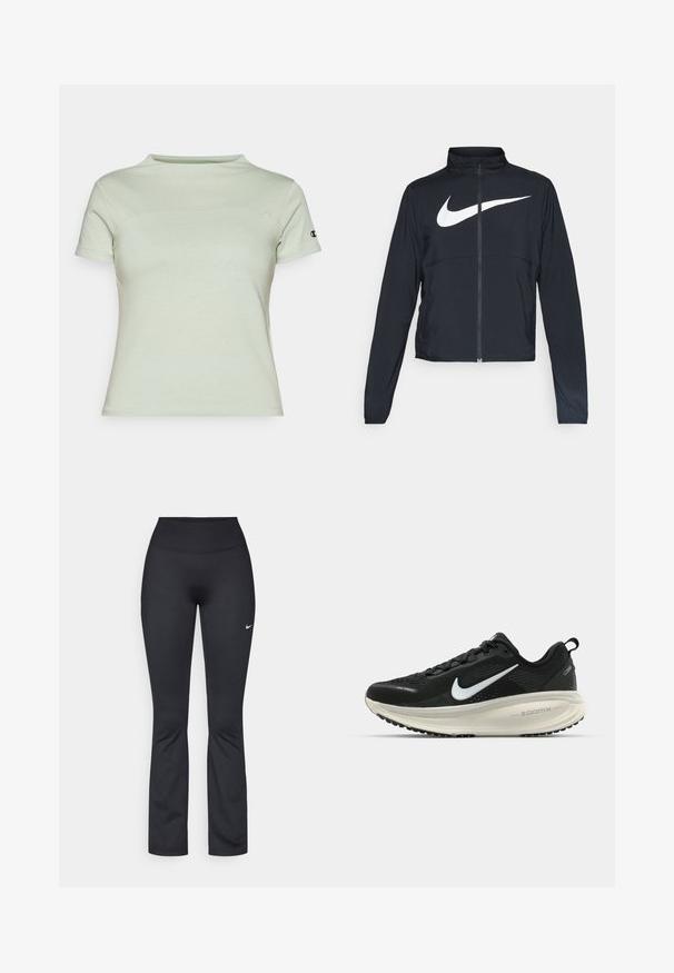 Svart joggebund med hel glidelås, høy krage, lange ermer og stort hvitt Nike swoosh-logo over brystet.; Lys grønn t-skjorte med korte ermer laget av myk stoff, med rund hals og en liten logo på venstre erme.; Svarte treningsleggings med høy midje, laget av glatt, elastisk stoff. Har en liten hvit Nike-logo på venstre lår.; Svart Nike løpesko med pustende mesh-overdel, hvit swoosh-logo, teksturert detaljer og en kremfarget ZoomX mellomsåle.