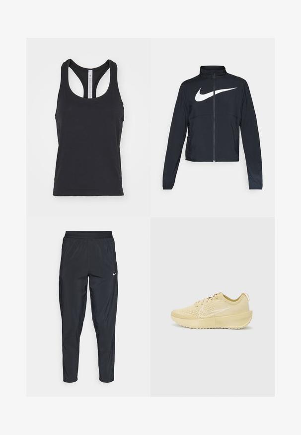 Schwarze Sportjacke mit vollem Reißverschluss, hohem Kragen, langen Ärmeln und großem weißen Nike-Swoosh-Logo auf der Brust.; lululemon SWIFTLY TECH RACERBACK TANK - Top - black black; Schwarze Sporthosen mit elastischem Bund, schmal zulaufenden Beinen und einem kleinen weißen Logo auf dem linken Oberschenkel. Leichter, glatter Stoff.; Nike Laufschuh in Hellgelb, mit einem atmungsaktiven Mesh-Obermaterial, Schnürdesign, strukturiertem Laufsohle und gepolsterten Sohle.