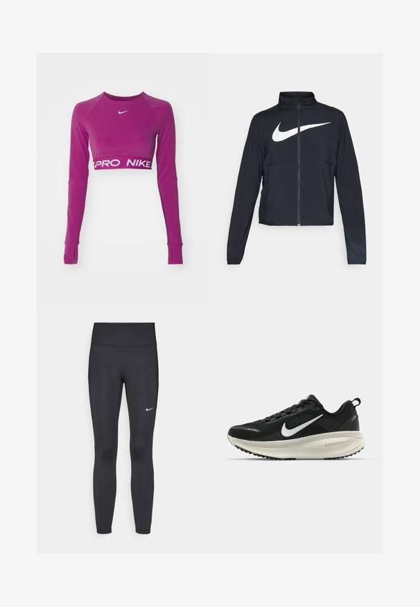 Juodas sportinis džemperis su visiškai užtraukiama užtrauktuku, aukšta apykakle, ilgomis rankovėmis ir dideliu baltu Nike swoosh logotipu per krūtinę.; Violet ilgomis rankovėmis trumpas viršus, pagamintas iš tamprios medžiagos. Turi apvalų iškirpimą ir baltą "PRO NIKE" logotipą ant juosmens.; Juodi leggingai iš elastingos medžiagos, turintys aukštą juosmenį ir baltą Nike logotipą kairėje šlaunyje. Lygus paviršius, prigludusi dizainas.; Juodas Nike sportinis batelis su kvėpuojančiu tinklu, baltu swoosh logotipu, tekstūruoto dizaino detalėmis ir grietinėlės spalvos ZoomX viduriu.