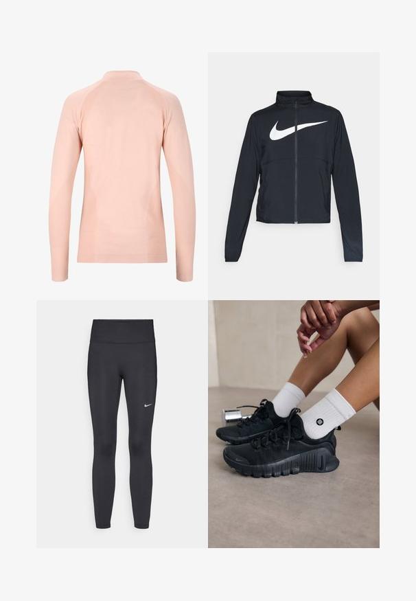 Sort fuld-zip sportsjakke med høj krave, lange ærmer og stort hvidt Nike swoosh-logo på brystet.; Endurance HALEN SEAMLESS - Langærmet T-shirt - peach whip; Sorte leggings lavet af strækbart stof, med en høj talje og et hvidt Nike-logo på venstre lår. Glat tekstur, tætsiddende design.; Sorte træningssko med struktureret stof, snørebåndsdesign og en markant sål, parret med hvide ribbede sokker med et lille logo.