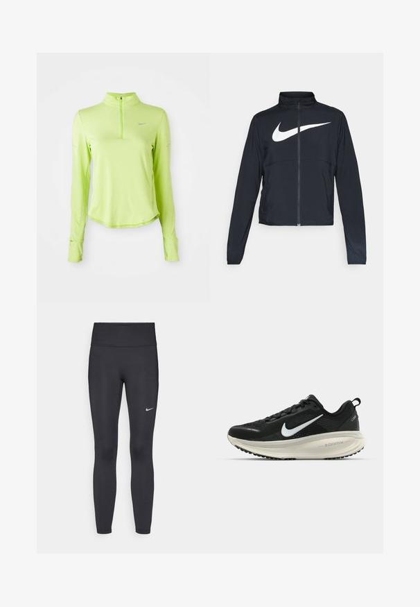 Jachetă sport neagră cu fermoar pe toată lungimea, guler înalt, mâneci lungi și un logo mare alb Nike swoosh pe piept.; Tricou sportiv cu mânecă lungă, verde deschis, cu fermoar până la sfert, guler tip crew neck, găuri pentru degete pe mâneci și un mic logo reflectorizant Nike pe piept.; Leggings negre dintr-un material elastic, având talie înaltă și un logo alb Nike pe coapsa stângă. Textură netedă, design care se conturează pe corp.; Pantofii de alergare negri de la Nike, cu parte superioară din plasă respirabilă, logo-ul alb Swoosh, detalii texturate și o talpă intermediară ZoomX de culoare crem.