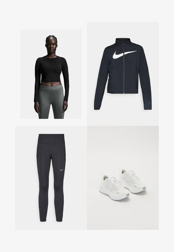 Black full-zip sports jacket with high collar, long sleeves, and large white Nike swoosh logo across the chest.; Black long-sleeve crop top paired with fitted dark grey leggings. Top features a simple design; leggings have side seams and a smooth texture.; Black leggings made of stretchy fabric, featuring a high waistband and a white Nike logo on the left thigh. Smooth texture, form-fitting design.; White athletic shoes with a textured mesh upper, cushioned sole, and subtle grey accents. Includes branding and looped heel tab for easy wear.