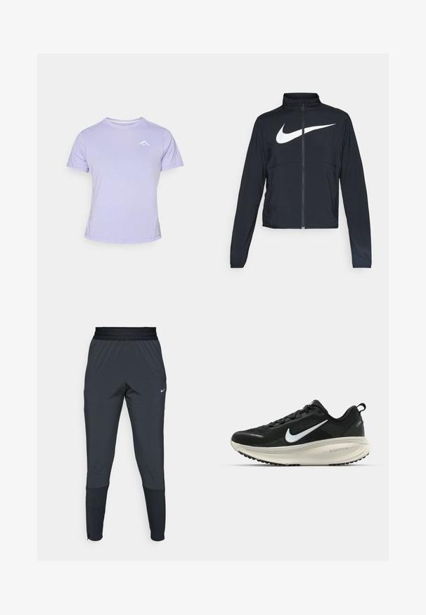 Černá sportovní bunda na zip s vysokým límcem, dlouhými rukávy a velkým bílým logem Nike swoosh přes prsa.; Světle fialové tričko s krátkými rukávy z měkké látky, s malým bílým logem na levé straně hrudi a kulatým výstřihem.; Nike sportovní kalhoty v tmavě šedé barvě, s tapered nohavicemi, elastickým pasem a akcentními detaily poblíž manžet.; Černá běžecká obuv Nike s prodyšným síťovaným svrškem, bílým logem swoosh, texturovanými detaily a krémovou mezipodešví ZoomX.