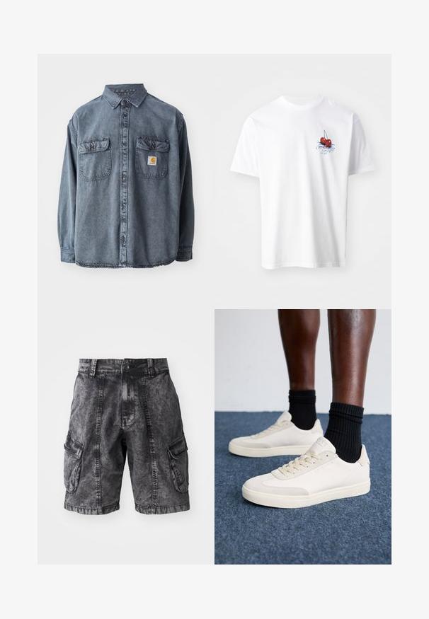 Denim shirt in gewassen grijs, met een button-down kraag, twee borstzakken en een klein logopatch op de linkerzak.; Wit katoenen T-shirt met een rode kers graphic met groene bladeren en blauwe tekst op de linkerborst. Korte mouwen en ronde hals.; Zwarte denim cargo shorts met een vervaagde textuur, twee zijzakken en een knoopsluiting. Kniehoogte met verstevigde stiksels.; Beige leren sneakers met een gestructureerde afwerking, ronde neus, gevoerde kraag en platte veters. Gecombineerd met zwarte geribbelde sokken, geplaatst op een blauwe tapijt.