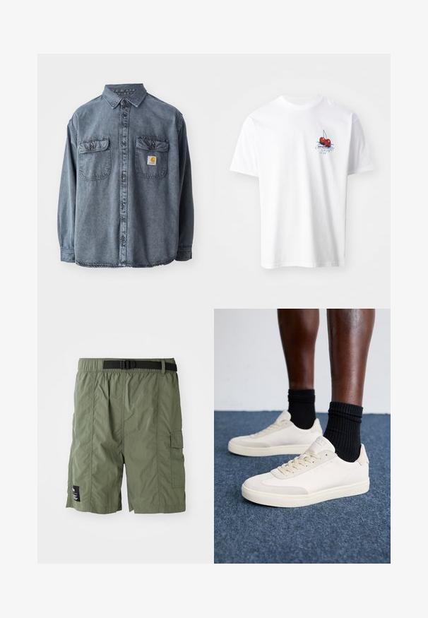 Denim shirt in washed gray, featuring a button-down collar, two chest pockets, and a small logo patch on the left pocket.; White cotton t-shirt featuring a red cherry graphic with green leaves and blue text on the left chest. Short sleeves and crew neckline.; Olive green cargo shorts with an elastic waistband and black buckle. Features include a side pocket and a textured fabric.; Beige leather sneakers with a textured finish, round toe, padded collar, and flat laces. Paired with black ribbed socks, set on a blue carpet.