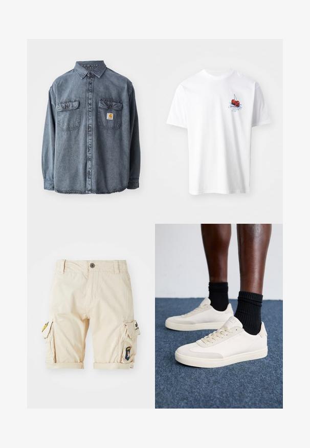 Camicia di denim grigia lavata, con colletto button-down, due tasche sul petto e un piccolo logo sulla tasca sinistra.; T-shirt di cotone bianco con una grafica di ciliegia rossa con foglie verdi e testo blu sul lato sinistro del petto. Maniche corte e scollatura rotonda.; Pantaloni cargo beige in cotone, con orli arrotolati, tasche laterali e toppe ricamate sulla gamba. Vestibilità classica e design funzionale.; Sneakers in pelle beige con finitura testurizzata, punta rotonda, colletto imbottito e lacci piatti. Abbinati a calzini neri a coste, posizionati su un tappeto blu.