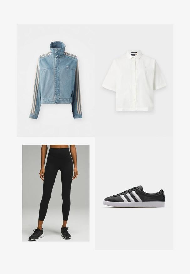 Heledest sinine lühike teksajakk, millel on kõrge krae, ees tõmblukk ja kolm beeži vertikaalset triipu igal varrukal. Omab tikandiga logo.; Valge lühikeste varrukatega särk tekstureeritud kangast, tavalise kraega ja nööbi sulgemisega. Väike logo rinna piirkonnas. Lõdva istuvusega disain.; Mustad kõrgvööline mustad legginsid sileda tekstuuri ja sobiva disainiga, koos mustade spordijalatsitega, millel on valge tald.; Mustast nahast tennisekingad valge kolme triibu kujundusega, ümar nina, lame valge kummist tallaga ja bränditud detail küljes.