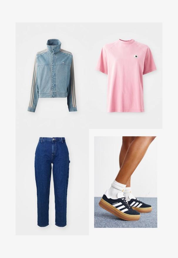 Zastrihnutá denimová bunda svetlomodrej farby s vysokým golierom, predným zipsom a tromi vertikálnymi pruhmi v béžovej farbe na každom rukáve. Obsahuje vyšitý logo.; Ružové bavlnené tričko s okrúhlym výstrihom a krátkymi rukávmi. Na ľavej strane hrudníka sa nachádza malá štvorcová nášivka s logom. Hladký povrch.; Tmavomodré denimové džínsy s vysokým pásom, rovný strih, predným zapínaním na gombík a bočnými vreckami. Hladká textúra s miernym elastickým efektom.; Čierne semišové tenisky s bielymi pruhmi a detailmi, so zaoblenou špičkou, podrážkou z gumovej gumy, doplnené bielymi rebrovanými ponožkami.