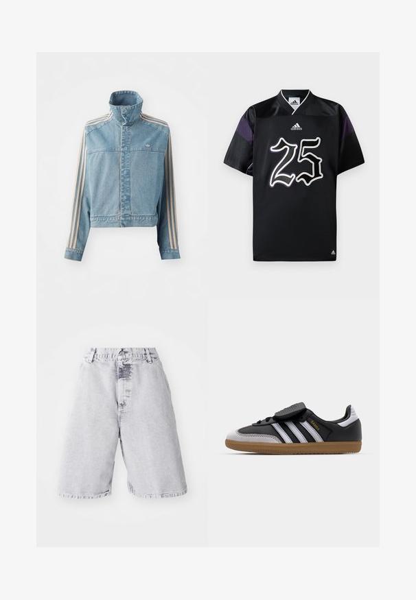 Jachetă din denim croppată, de culoare albastru deschis, cu guler înalt, fermoar frontal și trei dungi verticale bej pe fiecare mânecă. Prezintă un logo brodat.; Tricou negru cu un design în formă de V, are numărul "25" în alb și mov, și un logo Adidas pe piept și accente pe mâneci.; Shorts din denim de culoare gri deschis, cu o textură estompată. Prezintă un sistem de închidere cu buton și fermoar, bucle pentru centură și un design cu picior drept.; Tenisi din piele neagră și suede gri, cu dungi albe, talpă din cauciuc caramel, șireturi la față și curea Velcro. Prezintă branding-ul "Samba" în aur.