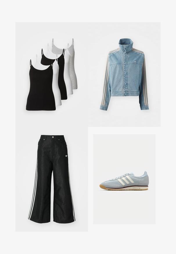Korte spijkerjack in lichtblauw met hoge kraag, voorkant met ritssluiting en drie verticale strepen in beige langs elke mouw. Bevat een geborduurd logo.; Vijf mouwloze camisoles in zwart, wit en lichtgrijs. Gemaakt van een gladde, rekbare stof met verstelbare bandjes en ronde halslijnen.; Zwarte denim broek met wijde pijpen, voorzien van drie witte strepen aan elke zijkant en een klein wit logo. Heeft voorzakken en een knoopsluiting.; Lichtblauwe suède sneakers met witte drie streepen, rubberen zool en textuur-mesh. Voorzien van een gladde neuskap en branding op de hak.