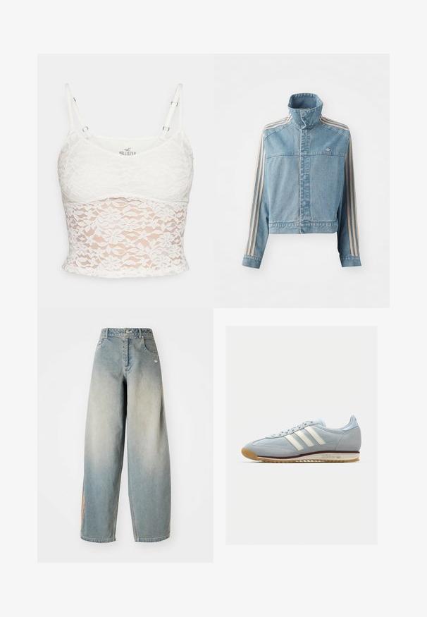 Jachetă din denim croppată, de culoare albastru deschis, cu guler înalt, fermoar frontal și trei dungi verticale bej pe fiecare mânecă. Prezintă un logo brodat.; Top din dantelă albă cu bretele ajustabile, model floral din dantelă și o siluetă ajustată cu un căptușel solid.; Jeans largi din denim de culoare albastru deschis, cu un finisaj decolorat. Dispune de buzunare frontale, închidere cu buton și un logo subtil pe talie.; Adidași din suede albastru deschis cu trei dungi albe, talpă din cauciuc și plasă texturată. Dispune de o vârf neted și un logo pe toc.