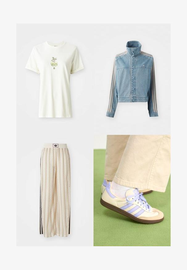 Šviesiai mėlynas supjaustytas džinsinis švarkas su aukštu apykakle, priekyje užtrauktuku ir trimis vertikaliomis kreminėmis juostelėmis ant kiekvienos rankovės. Papuoštas išsiuvinėtu logotipu.; Balta trumpa rankovė t-shirt su žalia augalu, augančiu iš dviejų delnų, grafiką, esančią krūtinės centre.; Grietos spalvos plačios kelnės su zigzagų raštu, turinčios juodą logotipo juostą ir šonines juodas juosteles. Lengvas, tekstūruotas audinys.; Kreminės ir levandų spalvos sportbačiai su trims juostelėmis ir tekstūruota ruda padais, su raišteliais ir paminkštintu kulnu. Minkšta medžiaginė viršutinė dalis.