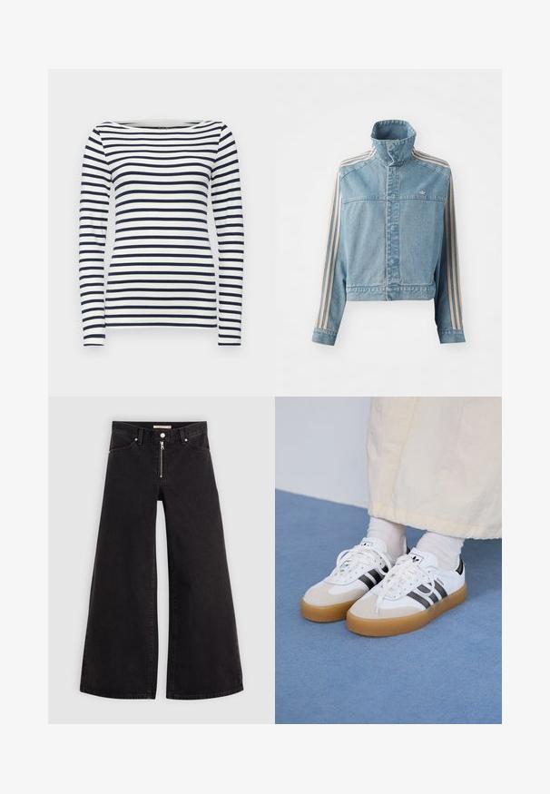 Chaqueta de mezclilla recortada en azul claro con cuello alto, cremallera frontal y tres rayas verticales en beige a lo largo de cada manga. Presenta un logo bordado.; Camiseta de manga larga a rayas en azul marino y blanco, con un cuello redondo y un diseño ajustado. Tejido suave con rayas horizontales.; Jeans de pierna ancha en denim negro con cierre frontal, diseño de cinco bolsillos y detalles de costura sutiles. Textura suave y estilo casual.; Zapatillas blancas con rayas negras y acentos de ante beige. Cuentan con una suela de goma texturizada y cordones blancos planos, usadas con calcetines de color claro.