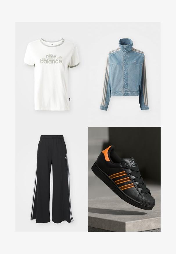 Kort denimjacka i ljusblått med hög krage, frontdragkedja och tre vertikala ränder i beige längs varje ärm. Har en broderad logotyp.; Vit bomullströja med grå detaljer, med ett blommönster och texten "new balance" i ljusgrönt. Korta ärmar, standardpassform.; Svarta vida sweatpants med elastisk midje, med vita sidosträck och en broderad logotyp på vänster lår.; Svart sneakers med orange detaljer, tre horisontella ränder, texturerad läderöverdel, gummitåhuvud och svarta snören.