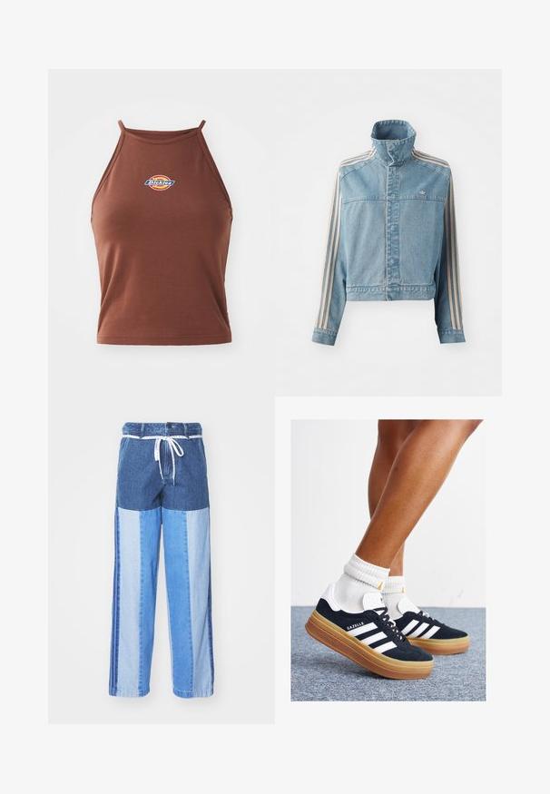 Heledest sinine lühike teksajakk, millel on kõrge krae, ees tõmblukk ja kolm beeži vertikaalset triipu igal varrukal. Omab tikandiga logo.; Pruun ilma varrukateta crop top, mis on valmistatud venivast kangast, esiküljel on värvikas "Dickies" logo ja õhukesed rihmad.; Sinised teksapüksid, millel on erinevatest sinistest toonidest kokku õmmeldud mustriga, paelavöö ja laiad, sirged sääred.; Mustad seemisnahast tossud valgete triipude ja detailidega, ümarate varbassosadega, kummist välistallaga, paaritatud valgete soonikuliste meessokkidega.