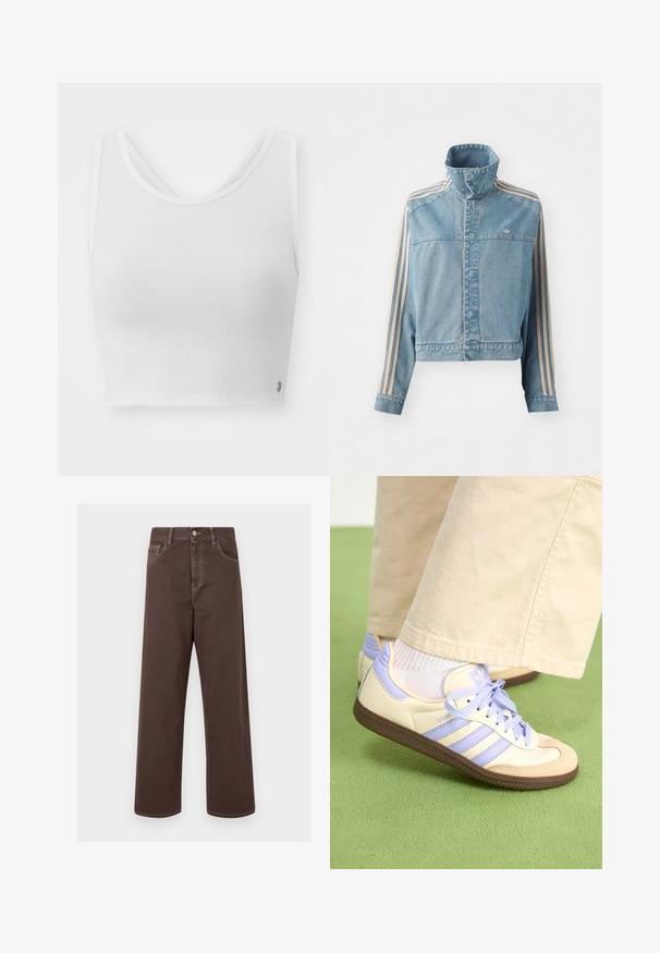 Veste en denim coupée de couleur bleu clair avec un col haut, une fermeture éclair à l'avant et trois bandes verticales beiges le long de chaque manche. Comprend un logo brodé.; Top court blanc avec un tissu texturé, décolleté arrondi et un design à dos superposé avec un petit logo accentué sur le côté.; Pantalons en denim marron à jambes larges avec des coutures contrastées, cinq poches et un bouton métallique. Texture lisse, coupe droite.; Baskets crème et lavande avec trois bandes et une semelle marron texturée, dotées de lacets et d'un talon rembourré. Tige en tissu doux.