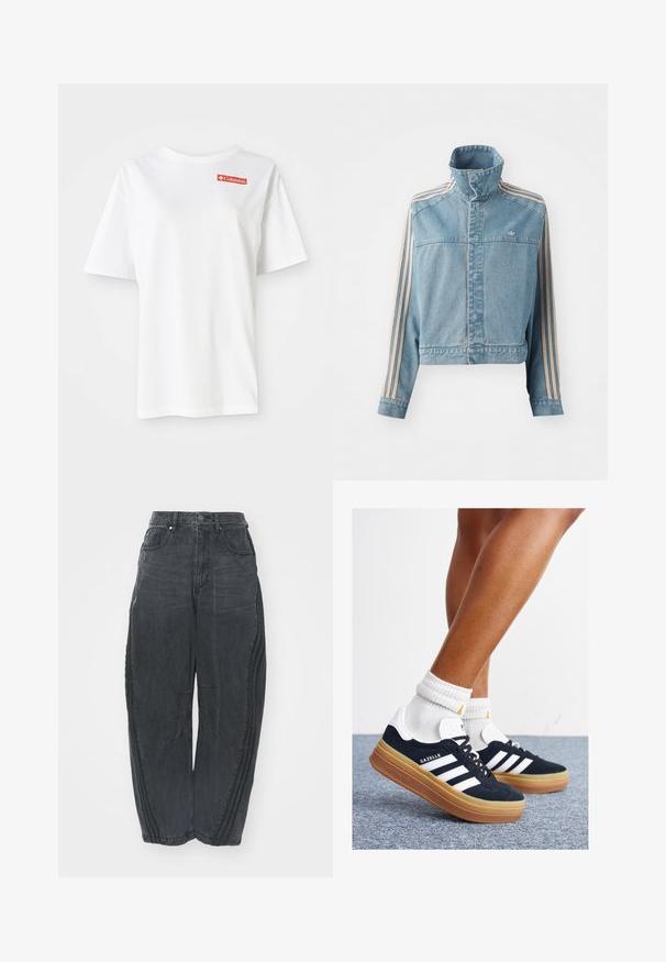 Korte spijkerjack in lichtblauw met hoge kraag, voorkant met ritssluiting en drie verticale strepen in beige langs elke mouw. Bevat een geborduurd logo.; Witte katoen t-shirt met korte mouwen en een ronde hals, met een klein rood Columbia-logo op de linkerkant van de borst.; Losse zwarte denim jeans met een vervaagde afwerking, vijf zakken, een taille met knoopsluiting en gestikte details aan de voorkant en zijkanten.; Zwarte suède sneakers met witte strepen en accenten, ronde neus, gum rubberen buitenzool, gecombineerd met witte geribbelde crewkousen.