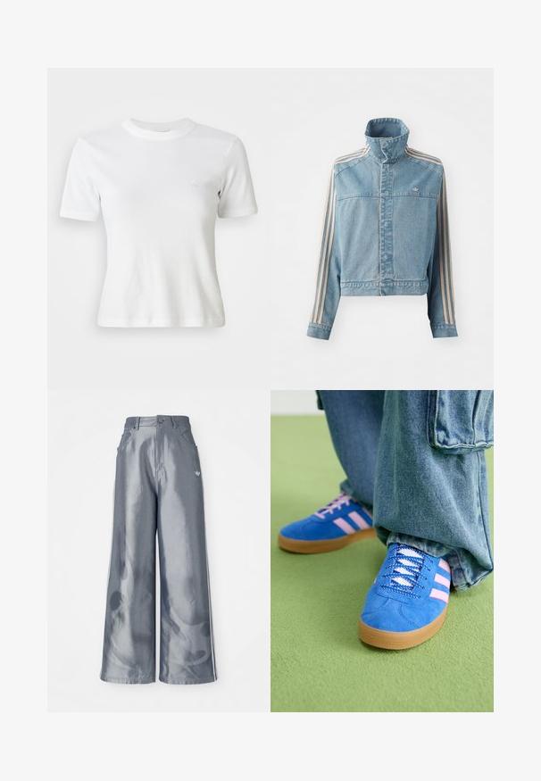 Veste en denim coupée de couleur bleu clair avec un col haut, une fermeture éclair à l'avant et trois bandes verticales beiges le long de chaque manche. Comprend un logo brodé.; T-shirt blance à manches courtes en côte, avec un col rond et un petit logo sur la poitrine. Fabriqué en tissu doux avec une coupe ajustée.; Pantalons à jambes larges en matériau gris brillant, présentant des bandes latérales blanches et un motif de flammes sur les jambes inférieures. Fermeture à bouton et à zip à la taille.; Des chaussures en daim bleu avec des rayures roses et des lacets blancs, dotées d'une semelle en caoutchouc gomme, assorties à un pantalon en denim ample sur une surface verte.