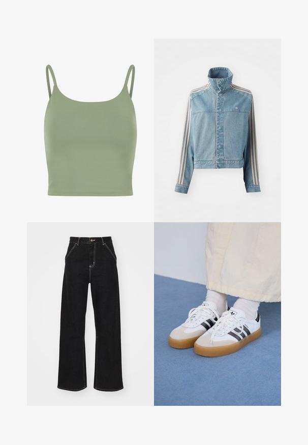 Izgriezta džinsa jaka gaiši zilā krāsā ar augstu apkakli, priekšējo rāvējslēdzēju un trim vertikālām svītrām bēšā krāsā katrā piedurknē. Iekļauti izšūti logo.; Olive zaļš pieguļošs kamzols ar tievām siksniņām, gluda tekstūra un noapaļota dekoltē līnija, izstrādāts komfortam un slāņošanai.; Melnas platajās biksēs, kas izgatavotas no denima, ar kontrastējošas baltas šuves un priekšējo pogu aizdari, kā arī divām slīpajām priekšējām kabatām.; Baltas sporta apavi ar melnām svītrām un beisīgo zamšādu akcentiem. Ievies struktūrētu gumijas zoli un izkārtotas baltas šnerves, valkāti ar gaišiem zeķēm.