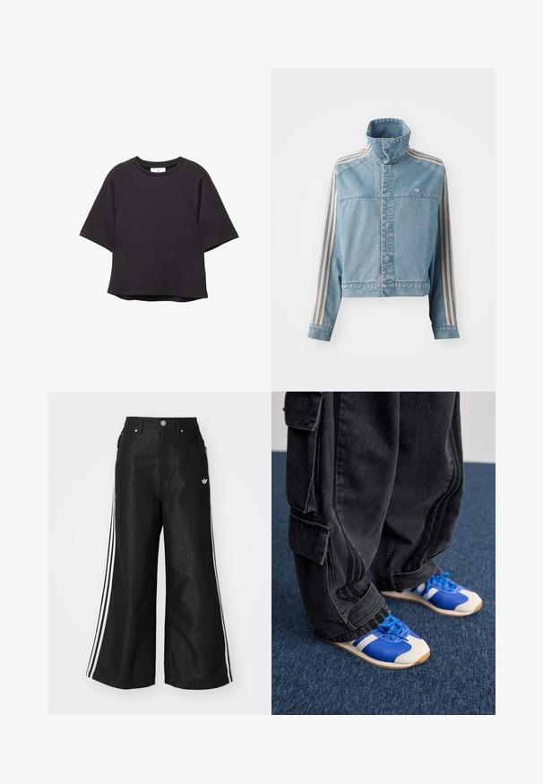 Korte spijkerjack in lichtblauw met hoge kraag, voorkant met ritssluiting en drie verticale strepen in beige langs elke mouw. Bevat een geborduurd logo.; Zwart kortermige T-shirt met ronde hals, raglanmouwen en een rechte zoom, weergegeven op een witte achtergrond.; Zwarte denim broek met wijde pijpen, voorzien van drie witte strepen aan elke zijkant en een klein wit logo. Heeft voorzakken en een knoopsluiting.; Persoon in losse zwarte cargobroeken en blauw-witte sneakers staand op een donkerblauwe vloer.