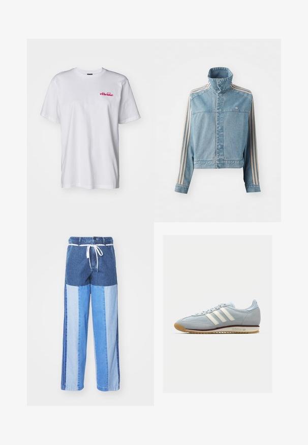 Lys blå denimjakke med høy krage, frontglidelås og tre vertikale striper i beige langs hver sleeve. Har et brodert logo.; Hvit bomulls t-skjorte med korte ermer, rund hals og en rosa brodert logo på venstre bryst. Lett og glatt tekstur.; Blå denimbukser med et lapperedesign i forskjellige nyanser av blått, snor i livet og løse, rette ben.; Lys blå semsket sneakers med hvite tre striper, gummisåle og teksturert mesh. Har en jevn tåhette og merkevare på hælen.