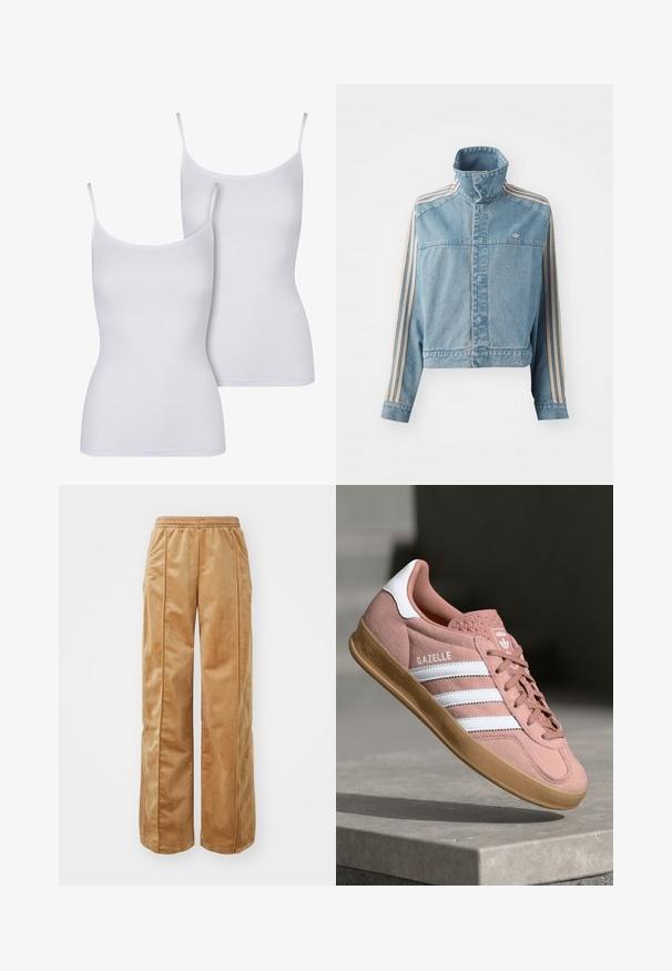 Heledest sinine lühike teksajakk, millel on kõrge krae, ees tõmblukk ja kolm beeži vertikaalset triipu igal varrukal. Omab tikandiga logo.; Kaks valget kampsunit õhukeste rihmadega, mis on valmistatud sileda kangaga, omades sobivat, lühikeste varrukatetega disaini ja lihtsat, ühtlast värvi.; Kerged jalad pant, mis on valmistatud pehmest ja sametisest materjalist. Sisaldab elastset vööd ja vertikaalseid õmblusi esiküljel, lisades detaili.; Roosa sametist toss, millel on valged triibud, kummist põhi, tekstuuriga pealis ja logo keelel. Klassikaline madal disain.