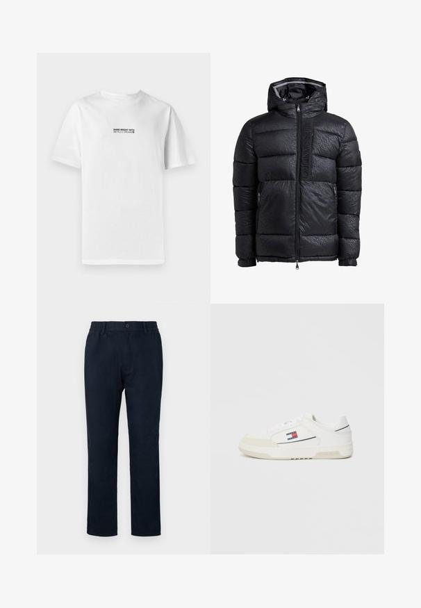 Puff jakke i sort med en glansfuld finish, der har trykte logo accenter, hætte og lynlåslommer i siden. Tekstureret quiltet design.; Hvid bomulds T-shirt med korte ærmer, prydet med en sort grafisk tekst: "SKIN KLART MED METALLISKE DRØMME" på fronten midt.; Marineblå chinos med elastisk talje, en knaplukning foran og lige ben-design. Glat tekstur uden synlige mønstre.; Hvide sneakers med en glat læderoverdel og suede tåhætte, der har et lille rødt, hvidt og blåt logo på siden og en struktureret sål.