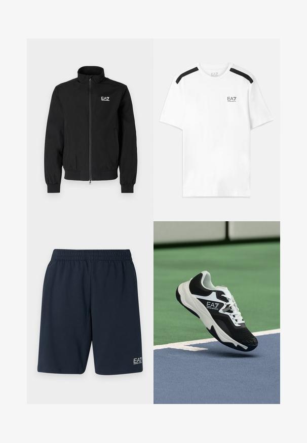 Juodas, lengvas bombakinis striukė su užtrauktuku, raštuotomis rankovėmis ir apykakle. Viršutinėje kairėje pusėje yra EA7 logotipas.; Balta trumpomis rankovėmis marškinėliai su juodais akcentais ant pečių. Ant krūtinės yra mažas juodas logotipas. Pagaminti iš minkštos, lygaus audinio.; Tamsiai mėlynos elastingos juostos šortai, pagaminti iš minkštos medžiagos, turi šonines kišenes ir mažą baltą EA7 logotipą apatinėje kairėje kojoje.; Juodos ir baltos spalvos EA7 Emporio Armani sportbačiai pakabinti virš mėlynų ir žalių teniso korto linijų.