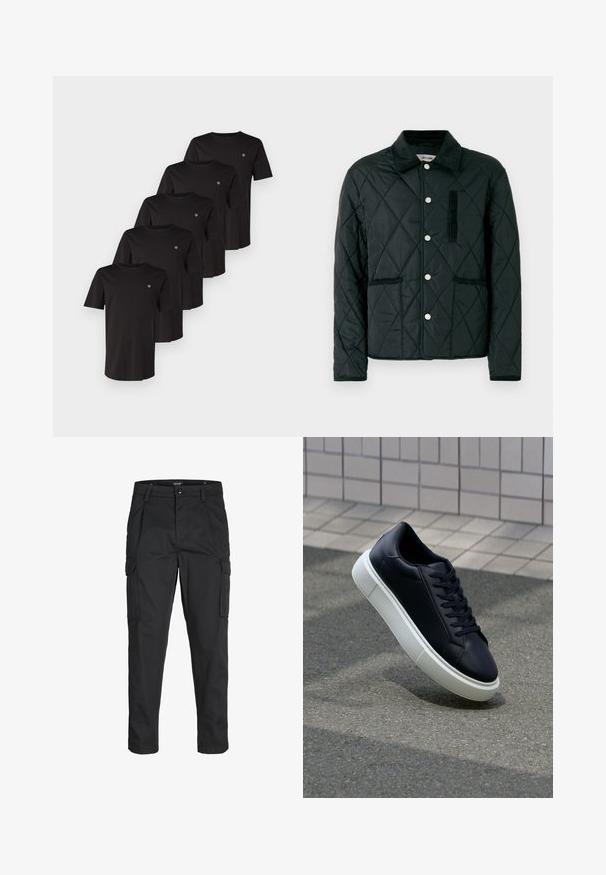 Jachetă neagră căptușită, cu guler din catifea, nasturi prin presare în față, două buzunare laterale și un buzunar pe piept din țesătură texturată.; Tricouri negre din bumbac cu mâneci scurte, guler rotund și un mic logo pe partea stângă a pieptului, afișate într-un teanc de cinci.; Pantaloni cargo negri dintr-un material rezistent, cu multiple buzunare, închidere cu nasture și un design slim fit cu picioare conice.; Tenis cu piele neagră, cu vârful rotund și talpă din cauciuc alb. Are șireturi plate și cusături minime pe suprafață. Tălpile texturate oferă aderență.