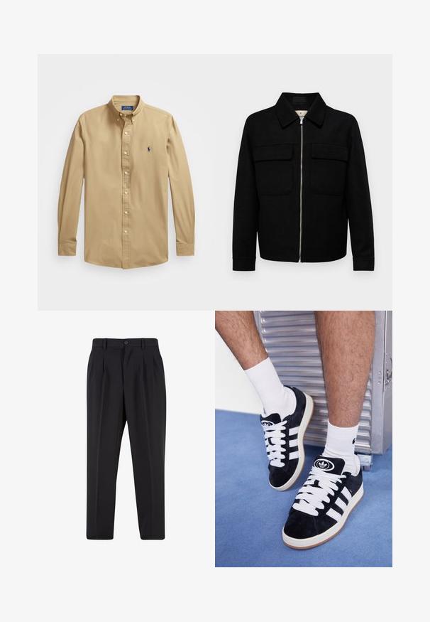 Melna vilnas jakas ar apkakli, priekšējo rāvējslēdzēju, divām krūšu kabatām un garām piedurknēm. Gluda tekstūra ar piegriezumu.; Polo Ralph Lauren SLIM FIT STRETCH POPLIN SHIRT  - Krekls - surrey tan; Melni brīvie bikses ar krokotu priekšpusi, izgatavotas no gludas auduma. Iespējama poga aizdare un jostas cilpas; taisnu kāju forma.; Melni zamšaini sporta apavi ar baltiem šņorēm un trim baltām svītrām. Iekļauj arī apaļu melnu logotipu uz mēles un gumijas zoli.