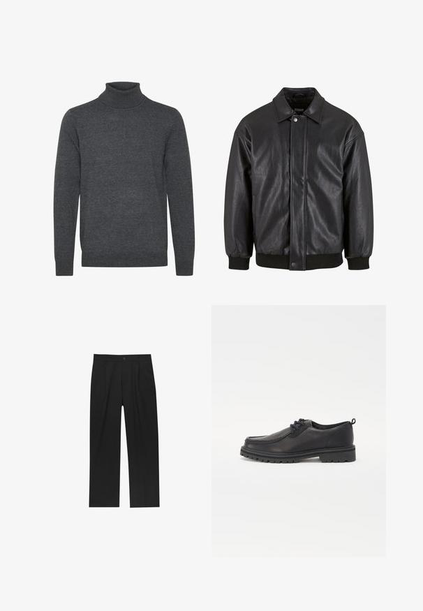 Zwarte leren jas met een kraag, sluiting met drukknopen aan de voorkant en ribgebreide manchetten. Glad textuur met een iets losser ontwerp.; Grijze turtleneck trui van zacht gebreid materiaal. Heeft een geribbelde halslijn en boorden, lange mouwen en een eenvoudig, onversierd ontwerp.; Zwarte broeken met een recht model, gemaakt van een gladde stof. Voorzien van een voorplooien en een enkele knoopsluiting bij de taille.; Zwarte leren schoenen met een ronde neus, textuurstiksels, een laag profiel ontwerp en een rubberen zool met diepe profielen voor grip.