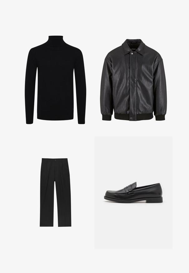 Črna usnjena jakna s ovratnikom, sprednjim zapiranjem na pritisni gumb in rebrastimi manšetami. Gladka tekstura z rahlo ohlapnim krojem.; Črn pulover s kločnikom, dolgi rokavi, rebrast ovratnik in rob, izdelan iz gladkega pletenega materiala, z diskretno logotipom na spodnjem delu.; Črne hlače z ravnim krojem, narejene iz gladkega materiala. Imajo sprednje gube in enojno zaponko na pasu.; Črne usnjene loafer čevlje s sleek oblikovanjem, zaobljenim prstom, šivnimi detajli in nizko blok peto. Gladka tekstura in minimalni dodatki.