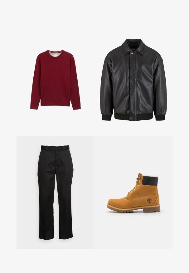 Schwarz Lederjacke mit Kragen, vorderer Druckknopfverschluss und gerippten Bündchen. Glatte Textur mit einem leicht lockeren Schnitt.; Bordeauxfarbener Rundhalsausschnitt-Pullover aus weichem Material. Lange Ärmel und gerippte Bündchen mit einem kleinen Logodetail auf der Brust. Glatte Textur.; Schwarze Hose aus einem glatten Stoff, mit einem geraden Bein Design, Gürtelschlaufen und zwei Seiten Taschen. Klassischer Look ohne Verzierungen.; Braune Leder-Ankle-Boots mit Metallösen, weißem Kunstfellfutter, schwarzem gepolstertem Kragen, robustem Sohlenprofil und geprägtem Logo an der Seite.