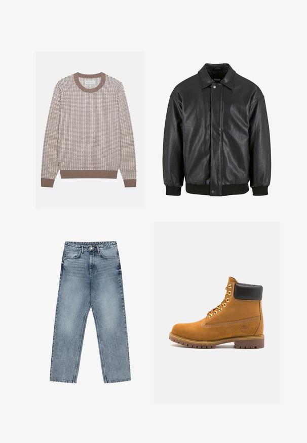 Juodas odinis švarkas su apykakle, priekyje užsegamas užsegimu ir raštinės rankovėmis. Lygus paviršius su šiek tiek laisvesniu dizainu.; Šviesiai ruda apykaklė megztinis su tekstūruotu megztu raštu, kontrastingomis šviesiomis akcentais ir raukšlėtomis rankogaliais bei apačia. Minkšta medžiaga su laisvu siluetu.; Šviesiai mėlynos džinsinės kelnės su tiesiu kelnės siluetu, matomomis siūlėmis, penkių kišenių dizainu ir mygtuko uždarymu juosmens srityje.; Tan spalvą turintys suknelės batus iki kulkšnies su juodu paminkštintu apvadu, auksiniais metaliniais akių užsegimais, baltais siūlų dekoratyviniais elementais ir tvirtu guminiu padu su ryškiai išreikštais raštais.