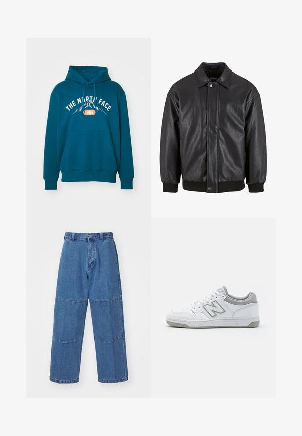 Czarna skórzana kurtka z kołnierzykiem, z przodu zapinana na zatrzaski oraz z żebrowanymi mankietami. Gładka struktura i delikatnie luźny krój.; The North Face - Bluza; Biała koszulka z długim rękawem wykonana z miękkiej bawełny. Posiada okrągły dekolt i klasyczny fason. Prosta, jednolita kolorystyka bez wzorów i akcentów.; Jasnoniebieskie dżinsy o luźnym kroju, z dwoma różnymi panelami materiałowymi, z zapięciem na guziki z przodu i szerokimi nogawkami.; Białe skórzane sneakersy z szarymi akcentami, charakteryzujące się perforowaną częścią palcową, płaskimi sznurowadłami oraz wzorzystą podeszwą. Logo New Balance po boku.