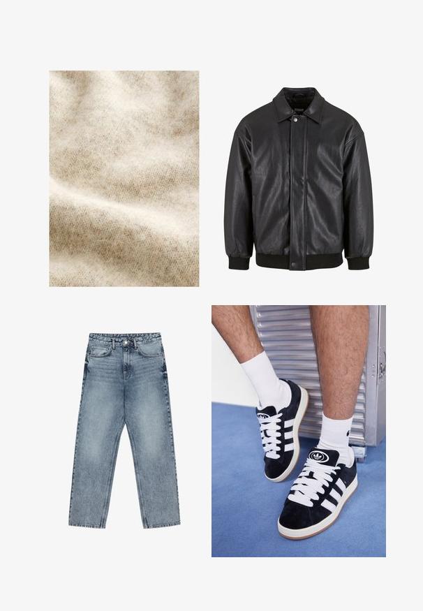 Juodas odinis švarkas su apykakle, priekyje užsegamas užsegimu ir raštinės rankovėmis. Lygus paviršius su šiek tiek laisvesniu dizainu.; Šviesiai smėlinė vilnonė medžiaga su švelnia, pūkuota tekstūra, turinti subtilų šešėlinį raštą ir nedidelius spalvų variaucijas visame paviršiuje.; Šviesiai mėlynos džinsinės kelnės su tiesiu kelnės siluetu, matomomis siūlėmis, penkių kišenių dizainu ir mygtuko uždarymu juosmens srityje.; Juodos zomšos sportbačiai su baltais raišteliais ir trimis baltais dryžiais. Ant liežuvėlio yra apvalus juodas logotipas, o pado medžiaga – guminė.