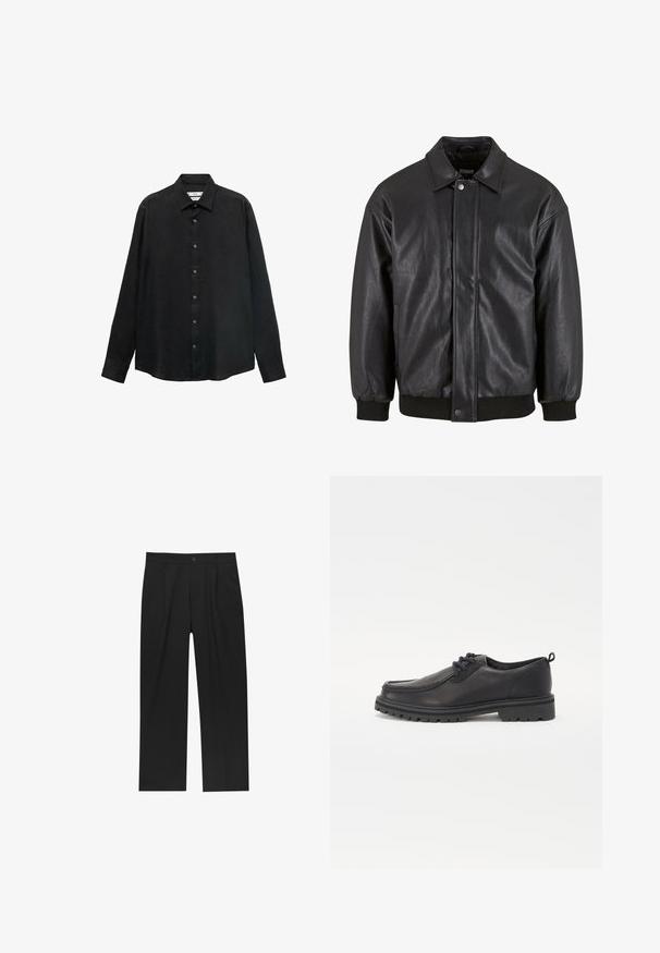 Zwarte leren jas met een kraag, sluiting met drukknopen aan de voorkant en ribgebreide manchetten. Glad textuur met een iets losser ontwerp.; Zwarte langslavende shirt gemaakt van gestructureerde stof; heeft een kraag en een knoopsluiting aan de voorkant met zichtbare knopen en een rechte zoom.; Zwarte broeken met een recht model, gemaakt van een gladde stof. Voorzien van een voorplooien en een enkele knoopsluiting bij de taille.; Zwarte leren schoenen met een ronde neus, textuurstiksels, een laag profiel ontwerp en een rubberen zool met diepe profielen voor grip.