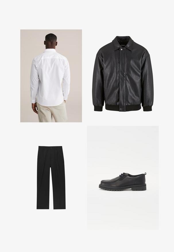 Giacca in pelle nera con collo a giro, chiusura frontale a bottoni a pressione e polsini a coste. Texture liscia con un design leggermente oversize.; Camicia bianca con bottoni, maniche lunghe, realizzata in tessuto liscio. Presenta un colletto classico, orlo curvo e polsini con un solo bottone.; Pantaloni neri con un design a gamba dritta, realizzati in un tessuto liscio. Presentano pieghe frontali e una chiusura a un bottone in vita.; Scarpe nere in pelle con lacci, punta arrotondata, suola testurizzata e cuciture rialzate lungo i bordi. Design semplice senza motivi o accenti.