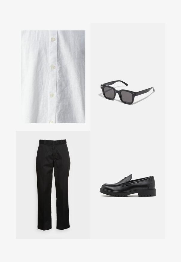 Svart läderjacka med krage, framknäppning och ribbade manschetter. Slät textur med något lös passform.; Vit linneskjorta med en strukturerad yta, med en knappslå fram och tre synliga knappar. Klassisk design utan mönster.; Svarta byxor i ett slätt tyg med raka ben, bälteshällor och två sidofickor. Klassisk look utan utsmyckningar.; Svarta lädersneakers med rund tå, som är lätta att ta på och av, och en tjock gummisula med strukturerat grepp. Höjd klack och diskreta sömnadsdetaljer.; Svarta rektangulära solglasögon med mörka linser, med en tjock ram, diskreta detaljer på sidorna och inga synliga logotyper förutom varumärket.