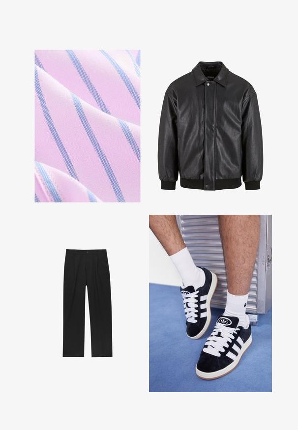 Sort læderjakke med krave, trykknaplukning foran og ribbede manchetter. Glat struktur med et let løst fit design.; Next REGULAR FIT - Skjorter - pink blue; Sorte bukser med lige ben, lavet af et glat stof. Har frontfolder og en enkelt knaplukning i taljen.; Sorte ruskinds sneakers med hvide snørebånd og tre hvide striber. Har et rundt sort logo på tungen og en gummigummisål.