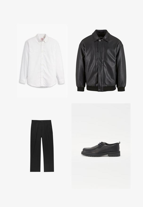 Schwarz Lederjacke mit Kragen, vorderer Druckknopfverschluss und gerippten Bündchen. Glatte Textur mit einem leicht lockeren Schnitt.; Weißes Langarm-Hemd aus Baumwolle. Verfügt über einen klassischen Kragen, eine Knopfleiste und eine leichte Textur mit einem dezenten Logo auf der Brust.; Schwarze Hose mit geradem Schnitt, aus einem glatten Stoff gefertigt. Verfügt über Vorderfalten und einen einzelnen Knopfverschluss an der Taille.; Schwarze Lederschuhe mit runder Zehenform, strukturiertem Nähen, flachem Design und Gummisohle mit tiefem Profil für bessere Bodenhaftung.