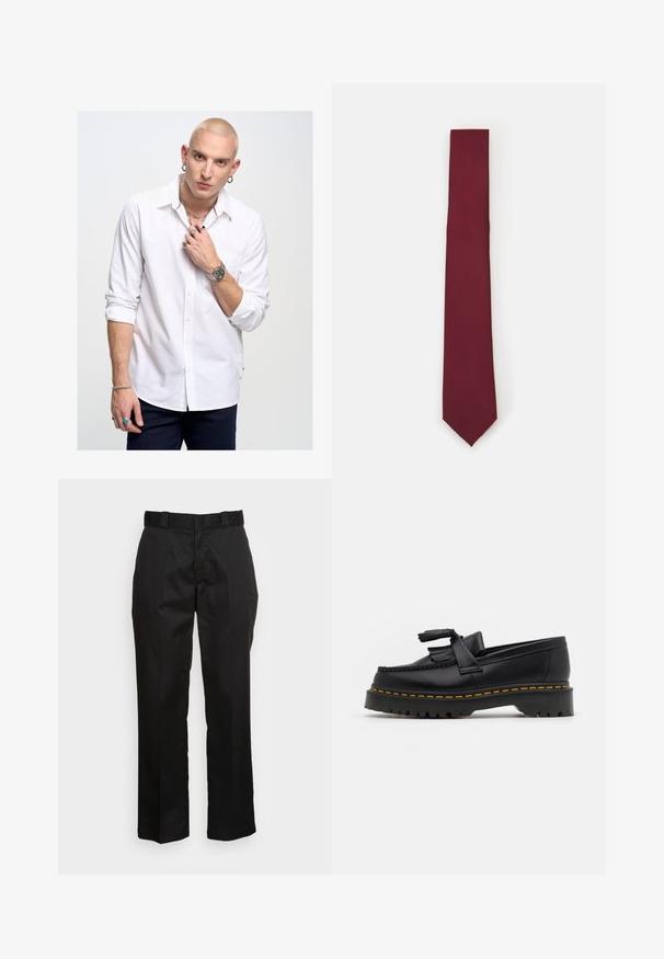 Must must jacket, mille kaela, ees näpu kinnitusega ja ribitud mansettidega. Sujuv tekstuur ja veidi lõdvem istuvus.; Valge pika varrukaga nööbiga särk kraega, punase aktsendiga, kombineeritud siniste teksadega. Lisatud ehted ja kell.; Mustad püksid, mis on valmistatud siledast kangast, sirge säärega disainiga, vöökummide ja kahe külje taskuga. Klassikaline välimus ilma kaunistusteta.; Mustmust musta loafer, millel on frantsiisi aktsent, paks must tald ja kollane õmblus servas. Tekstuuriga viimistlus.; Burgundia siidist lips, kitsas kuju ühtlase tekstuuriga. Omab teravat otst, ühtlast värvi ja siledat viimistlust.