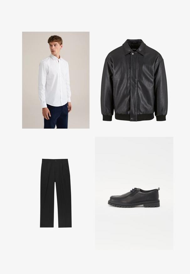 Schwarz Lederjacke mit Kragen, vorderer Druckknopfverschluss und gerippten Bündchen. Glatte Textur mit einem leicht lockeren Schnitt.; Junger Mann mit lockigem Haar, der ein eng anliegendes weißes Hemd und dunkelblaue Hosen trägt, steht vor einem schlichten beigen Hintergrund.; Schwarze Hose mit geradem Schnitt, aus einem glatten Stoff gefertigt. Verfügt über Vorderfalten und einen einzelnen Knopfverschluss an der Taille.; Schwarze Lederschuhe mit runder Zehenform, strukturiertem Nähen, flachem Design und Gummisohle mit tiefem Profil für bessere Bodenhaftung.