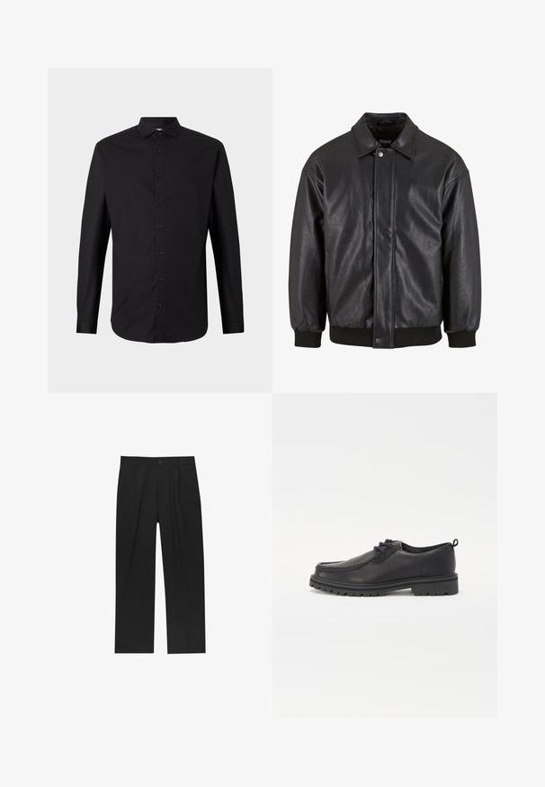 Mustapintainen nahkatakki, jossa on kauluksellinen kaula, edessä napitus ja ribbed-hihansuut. Suuri sileä pinta ja hieman löysä istuvuus.; Mustassa pitkähihainen paita, joka on valmistettu kudotusta kankaasta. Siinä on napillinen etuosa, kaulus ja klassinen istuvuus. Sujuva pinta ja minimalistinen muotoilu.; Mustat housut suoranlahkeisella muotoilulla, valmistettu sileästä kankaasta. Ominaisuuksiin kuuluu etupleateet ja yksi nappikiinnitys vyötäröllä.; Mustat nahkakengät, joissa on pyöristetyt varpaat, teksturoitu tikkaus, matala profiili ja kumipohja, jossa on syvät urat pitoa varten.