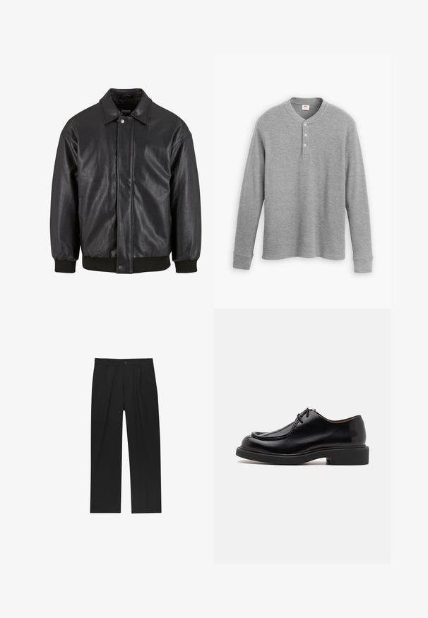 Czarna skórzana kurtka z kołnierzykiem, z przodu zapinana na zatrzaski oraz z żebrowanymi mankietami. Gładka struktura i delikatnie luźny krój.; Szary longsleeve henley z ribbowanej tkaniny, z trzema guzikami i okrągłym dekoltem, o lekko dopasowanym kroju.; Czarne spodnie o prostym kroju, wykonane z gładkiego materiału. Posiadają zakładki z przodu i pojedyncze zapięcie na guziki w pasie.; Czarny skórzany but z okrągłym noskiem, przeszywaną detalami, minimalnymi sznurówkami oraz grubą gumową podeszwą zapewniającą przyczepność i trwałość.