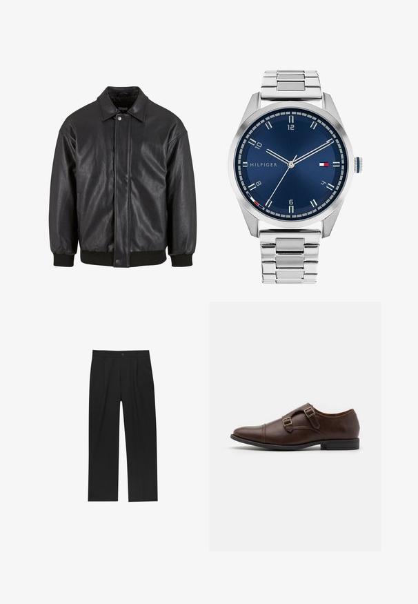Sort læderjakke med krave, trykknaplukning foran og ribbede manchetter. Glat struktur med et let løst fit design.; Sæt af otte sorte bomulds t-shirts med korte ærmer og rund hals, der har et enkelt design og en blød tekstur.; Sorte bukser med lige ben, lavet af et glat stof. Har frontfolder og en enkelt knaplukning i taljen.; Brune læder dress sko med spids tå, udstyret med to justerbare spænder og et slankt, lavt profil design. Flad sort gummisål.; Sølvmetal ur med en børstet blå urskive, hvide timemarkører og en datovisning. Har et sammenkædet metalarmbånd og brandlogo.