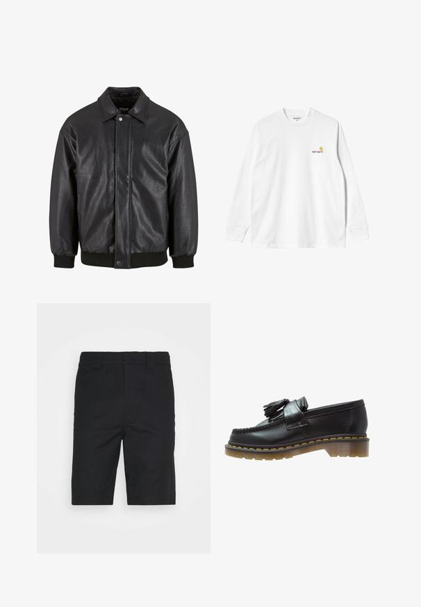 Black leather jacket with a collared neck, front snap closure, and ribbed cuffs. Smooth texture with a slightly loose fit design.; Long-sleeve white cotton T-shirt with a crew neck, featuring a small yellow and burgundy logo on the left chest. Seamless cuffs and hem.; Black cotton shorts with a straight cut, belt loops, and a clean hem finish. Features hidden front pockets and a smooth texture.; Black leather loafers with a textured finish, featuring a decorative tassel and contrasting yellow stitching, on a chunky, transparent sole.