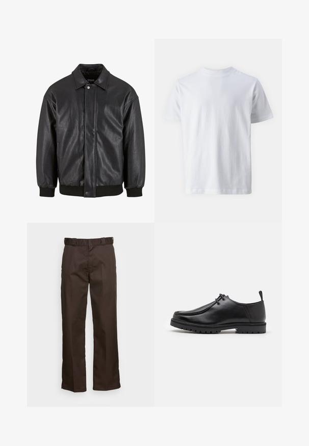 Juodas odinis švarkas su apykakle, priekyje užsegamas užsegimu ir raštinės rankovėmis. Lygus paviršius su šiek tiek laisvesniu dizainu.; Baltas trumpas rankovėmis marškinėliai, pagaminti iš medvilnės, su apvaliu iškirpimu ir lygiu paviršiumi, tiesaus kirpimo ir be raštų.; Rudos kelnes su tiesiu sijonu, turinčios plokščią priekį, diržo kilpas ir lygų paviršių. Paprastas dizainas be raštų ar akcentų.; Juodas odinis batų modelis su raišteliais, turintis tvirtą padą ir tempimo kilpelę kulno srityje, pavaizduotas iš šono ant baltos fono.